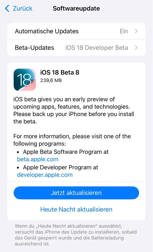 聂拉木苹果手机维修分享苹果 iOS / iPadOS 18 开发者预览版 Beta 8 发布 